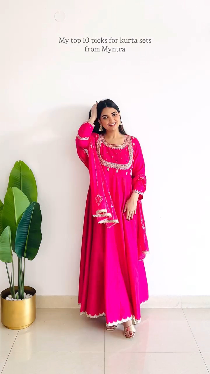 Bright Pink Embroidered Anarkali Kurta Set with Dupatta